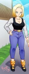 1girls android_18 blonde_hair blue_eyes cameltoe cleavage curvy dragon_ball erect_nipples female high_waisted_pants huge_areolae huge_ass huge_breasts pinkpawg puffy_nipples short_hair thick_lips voluptuous wide_hips