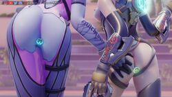 2girls 3d alternate_costume ass blender buttplug female female_only forceballfx overwatch rose_tracer sex_toy thighhighs torn_clothes tracer widowmaker