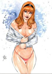 1girls 2019 belly_button big_breasts black_hairband blonde_hair blue_eyes breasts busty cleavage curvaceous curvy dated ed_benes_studio eyeshadow female female_only gwen_stacy gwen_stacy_(classic) hairband human lanio_sena large_breasts lipstick makeup marvel marvel_comics mascara midriff navel panties pink_panties pink_thong pinup red_lips red_lipstick shirt shirt_pull shirt_slip shirt_tug signature simple_background smile smiling solo spider-man_(series) standing stomach thighs thong voluptuous white_shirt