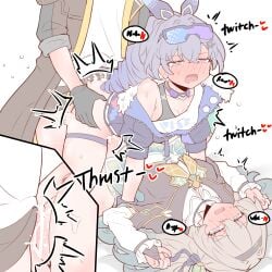 3girls absurdres bar_censor black_capelet black_coat black_gloves black_jacket blush capelet censored coat commentary drooling english_commentary fdd_threesome firefly_(honkai:_star_rail) futa_with_female futanari gloves goggles goggles_on_head gradient-tinted_eyewear gradient_hair green_hair grey_hair group_sex highres honkai:_star_rail honkai_(series) jacket multicolored_hair multiple_girls neckerchief open_clothes open_coat open_mouth paid_reward_available physisyoon pointless_censoring sandwiched shirt silver_wolf_(honkai:_star_rail) single_strap stelle_(honkai:_star_rail) thigh_strap threesome tinted_eyewear trailblazer_(honkai:_star_rail) variant_set white_shirt yellow_neckerchief
