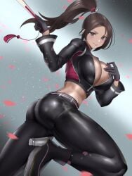 ankle_boots ass big_breasts black_boots black_gloves black_jacket black_pants blush boots breasts brown_eyes brown_hair cherry_blossom_print cleavage closed_mouth commentary_request crop_top cropped_jacket falling_petals fatal_fury fatal_fury:_city_of_the_wolves female floral_print foot_out_of_frame foot_up gloves gradient_background hair_ornament hair_up hand_fan hand_on_own_chest high_heel_boots high_heels high_ponytail highres holding holding_fan jacket large_breasts leather leather_jacket leather_pants long_hair long_sleeves looking_at_viewer looking_to_the_side mai_shiranui mai_shiranui_(city_of_the_wolves) midriff narrow_waist ninja official_alternate_costume pants parted_bangs partially_unzipped petals pink_lips ponytail print_jacket print_pants rokuba rokubanana skin_tight smile snk solo tight_clothes tight_pants zipper