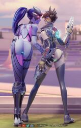 2girls 3d alternate_costume areolae ass blender breasts buttplug female female_only forceballfx hand_on_ass nipples overwatch rose_tracer sex_toy stirrup_legwear thighhighs torn_clothes tracer widowmaker