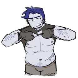 109pancreas blue_hair forsaken_(roblox) guest_1337_(forsaken) roblox roblox_game robloxian self_upload shirtless solo sweat tagme