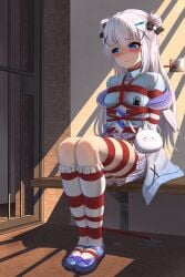 absurdres aqua_shirt arms_behind_back blue_eyes blush bondage bound breast_bondage breasts commentary_request crotch_rope double_bun frostbite_(artist) gochuumon_wa_usagi_desu_ka? grey_hair hair_bun highres jacket kafuu_chino long_hair looking_to_the_side necktie pleated_skirt pussy_juice restrained shibari_over_clothes shirt shoes sitting skindentation skirt small_breasts socks very_long_hair white_socks