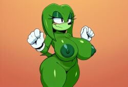 1girls ai_generated anthro anthro_female anthro_only april_fools big_breasts black_eyes blush crossgender eyelashes fan_character female female_focus female_only flat_background furry furry_female furry_only genderbend genderbent genderswap genderswap_(mtf) gloves gloves_only green_eyeshadow green_fur green_nipples green_skin hoax illustrious_(stable_diffusion) large_areolae large_breasts mobian mobian_(species) mobian_otter mtf_crossgender nude nude_anthro nude_female orange_background rankles_the_otter rule_63 sega sega_magazine self_upload simple_background smirk solo solo_female solo_focus sonic_(series) sonic_the_hedgehog_(series) tagme thick_thighs thighs