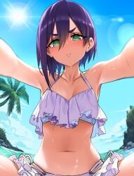 1girls ai_generated female female_only green_eyes haraga_kurumi kimi_no_koto_ga_dai_dai_dai_dai_daisuki_na_100-nin_no_kanojo lewd_expression purple_hair short_hair