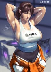 1girls 2d_(artwork) 2others 3d_render armpits artnip black_pantyhose breasts brown_hair chell clothes_around_waist gloves hands_behind_head huge_breasts jumpsuit large_breasts mole mole_on_armpit no_bra orange_jumpsuit pantyhose ponytail portal_(series) sideboob solo_focus strap_gap sweat sweaty tank_top weighted_companion_cube wheatley white_gloves