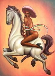 clothed clothing crossdressing emiliano_zapata equid equine erection fabian_chairez footwear hat headgear headwear high_art high_heels horse human male male_only mammal mostly_nude painting penis ribbons shoes sombrero