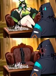 2koma ai_generated arknights before_and_after chess_piece dildo dildo_sitting doctor_(arknights) duo impossible_fit light_skin mon3tr_(arknights) rascalai thick_thighs