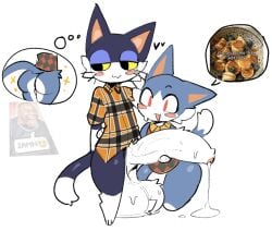 :3 animal_crossing anthro ass backsack balls big_balls big_butt big_penis biped black_body black_fur blue_body blue_fur blush bodily_fluids bottomless bottomless_anthro bottomless_male cat_tail clothed clothing domestic_cat duo felid feline felis flannel_shirt fur genital_fluids genitals half-closed_eyes heart_symbol huge_balls huge_cock hyper hyper_balls hyper_genitalia hyper_penis male male/male mammal markings multicolored_body multicolored_fur narrowed_eyes nintendo penis precum precum_string punchy_(animal_crossing) purple_eyelids rover_(animal_crossing) shiyaa_stuff sleeveless_shirt sweat sweaty_balls sweaty_genitalia tail thought_bubble touching_penis vein veiny_penis whiskers white_body white_fur yellow_sclera zamn
