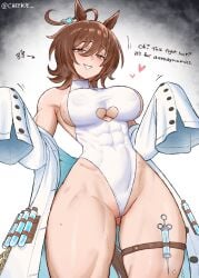 1girls abs adapted_costume agnes_tachyon_(tach-nology)_(umamusume) agnes_tachyon_(umamusume) animal_ears ass between_labia breasts cheekie cheekie0 cleavage cleavage_cutout clothing_cutout commentary covered_abs covered_erect_nipples english_commentary female female_only gluteal_fold heart heart_cutout highleg highleg_leotard highres horse_ears horse_girl horse_tail lab_coat large_breasts leotard looking_at_viewer muscular muscular_female off_shoulder sleeves_past_fingers sleeves_past_wrists solo syringe tail test_tube thigh_strap umamusume underboob underboob_cutout white_leotard