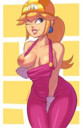 1girls areolae big_breasts blonde_hair blue_eyes breasts clothing female female_only hair long_hair mario_(series) nintendo nipples one_breast_out overalls playzholder princess princess_peach solo super_mario_maker super_mario_maker_2 suspenders video_games wink