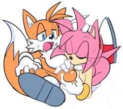 1boy 1boy1girl 1girls amy_rose ball_fondling ball_sucking balls caressing_testicles cum cum_in_mouth fellatio oral penis sega sonic_(series) sonic_team sucking tails testicles watatanza