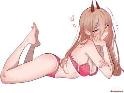 1girls ass barefoot blonde_hair blush bottomwear bra breasts chainsaw_man cleavage daria_(user_hktv8452) demon demon_girl demon_horns feet feet_up female female_only hair heart legs medium_breasts on_stomach panties pink_bra pink_panties power_(chainsaw_man) smile solo solo_female thighs topwear white_background yellow_eyes