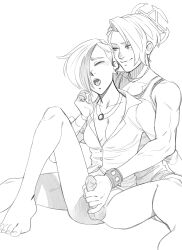 1girls 1other absurd_res ahoge aura_(demon_dregs) balls blonde_hair blush bottomless breasts cleavage closed_eyes demon_dregs dimi_o'hara_(demon_dregs) ear_ornament erection fangs fully_clothed greyscale hair_over_one_eye handjob highres looking_at_partner looking_pleasured mischievous_smile mleelunsford monochrome muscular muscular_female necklace no_bra nonbinary partially_clothed penis penis_grab sitting slight_blush smile spread_legs trans_woman white_background wrist_cuffs zet13