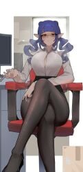 1girls 2d 2d_(artwork) azz0422 bangs blue_hair chair cleavage computer crossed_legs dizzy_dokuro double_bun dress_shirt eyelashes hair_bun heels high_waisted_skirt inner_sideboob large_breasts monitor office office_chair office_lady pantyhose phase_connect pointy_ears red_eyes shirt skirt virtual_youtuber vtuber