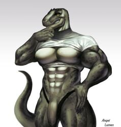 2023 4_fingers abs angellumen anthro arms_bent black_claws black_spots black_thongs bodily_fluids claws clothing colored crop_top digital_drawing_(artwork) digital_media_(artwork) dinosaur english_description featureless_chest finger_claws fingers flaccid genitals green_body green_scales green_tail grey_clothing grey_crop_top grey_shirt grey_topwear grin grinning_at_viewer hi_res humanoid_genitalia humanoid_penis light lighting long_tail looking_at_viewer male markings multicolored_body multicolored_skin muscular muscular_anthro muscular_arms muscular_male muscular_thighs navel non-mammal_navel pecs penis portrait prehistoric_species reptile saurischian scales scalie shaded sharp_teeth shirt simple_background smile smiling_at_viewer solo spots spotted_body spotted_markings spotted_scales spotted_tail standing sweat sweaty_body sweaty_genitalia sweaty_penis sweaty_tail t-rex_(docisle) tail tail_markings tan_penis teeth theropod thick_thighs three-quarter_portrait topwear tyrannosaurid tyrannosauroid tyrannosaurus tyrannosaurus_rex undressing_self white_background yellow_eyes