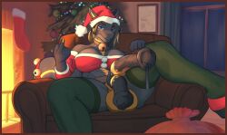 animal_genitalia animal_penis anthro balls big_penis black_body blue_eyes bodily_fluids border breasts christmas christmas_clothing christmas_headwear clothed clothing egyptian equine_genitalia equine_penis erection fish genital_fluids genitals gift gynomorph hat headgear headwear hi_res holidays intersex kurtvaliant marine markings multi_genitalia multi_penis new_year partially_clothed penis precum presenting red_border santa_hat shark sitting solo spread_legs spreading tail thick_thighs wide_hips
