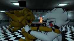 2girls 3d animatronic breasts fazclaire's_nightclub female female/female five_nights_at_freddy's fnaf fnia freddy_(fnaf) fredina's_nightclub funny funny_background_event golden_freddy_(fnaf) golden_fredina_(cally3d) makeout marie_(cally3d) marie_(cryptia) puppetxgoldenfreddy type_0 type_0_(cryptiacurves)