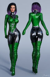 1girls 3d ass back_view black_bodysuit black_hair bodysuit boots breasts dat_ass dc dc_comics erect_nipples erect_nipples_under_clothes eyeshadow female female_only from_behind front_view green_bodysuit green_heels green_high_heels green_thighhighs heels high_heel_boots high_heels highlights imskian leather_boots legion_of_superheroes lipstick makeup mascara medium_breasts nipple_bulge nipples pinup purple_hair purple_highlights purple_lips purple_lipstick salu_digby short_hair shrinking_violet signature skin_tight skintight solo standing superheroine thigh_boots thigh_high_boots thighhigh_boots thighhighs thighs tiangtam walking