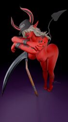 3d 3d_(artwork) 3d_model 3d_render big_breasts black_cap black_nails black_tail cap demon demon_girl demon_horns demon_tail desdemona_(fortnite) female female_focus female_only fortnite fortnite:_battle_royale heart-shaped_tail horns long_ears posing_for_the_viewer posing_nude purple_lipstick red_skin scythe tatoos the_lusty_blood_demon white_hair wristband