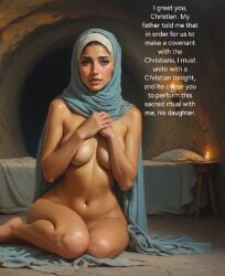 ai_generated arabian arabian_female bed bedroom brown_body candle cave english_text hidden_breasts hijab hijabi muslim muslim_female naked nude nude_female original original_character sexy_body sexy_pose shy sitting text