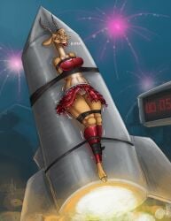 antelope anthro ball_gag bondage bottomwear bound bovid clothed clothing disney female fireworks gag gagged gazelle gazelle_(zootopia) genitals hi_res imminent_death mammal no_underwear peril rocket rope rope_bondage skirt solo spiritalpha vulva zootopia