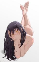 absurdres ass bare_shoulders barefoot black_hair chainsaw_man completely_nude cross_scar feet female gradient_background head_rest highres legs long_hair looking_at_viewer lying mishislover nude on_stomach parted_lips playing_with_own_hair ringed_eyes scar scar_on_face signature simple_background solo the_pose yellow_eyes yoru_(chainsaw_man)