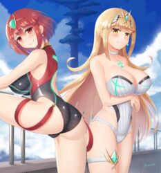 2girls absurdres ahoge ass bare_shoulders blonde_hair blush breasts cameltoe competition_swimsuit from_behind highres large_breasts long_hair looking_at_viewer looking_back multiple_girls mythra nintendo one-piece_swimsuit pyra red_eyes red_hair shiny shiny_clothes shiny_hair shiny_skin short_hair sideboob smile swimsuit thigh_strap tiara very_long_hair xenoblade_(series) xenoblade_chronicles_2 yanows yellow_eyes