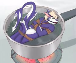 anthro blonde_hair bondage cooking earring food furry gag gagged green_eyes hi_res male neon_fox shark stove tail water