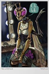 2019 actini anthro arthropod clothed clothing crossdressing detailed_background digital_media_(artwork) drawain english_text fingers hi_res hymenopteran insect_wings insects looking_at_viewer male male_only solo text wasp wings