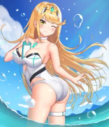 1girls ass bangs bikini blonde_hair blush breasts cleavage cloud eyebrows_visible_through_hair female from_behind gem hair_ornament headpiece highres jewelry large_breasts long_hair looking_at_viewer mythra_(xenoblade) nintendo nintendo_switch one_eye_closed pose shiny shiny_clothes shiny_hair shiny_skin sky smile solo sssemiii standing swept_bangs swimsuit thigh_strap thighs tiara very_long_hair water wet wink xenoblade_(series) xenoblade_chronicles_2 yellow_eyes