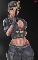 1girls abs belly_piercing belt beret beretta_92_(weapon) big_breasts black_nail_polish braid braided_hair braided_ponytail breasts brown_hair brunette busty caveira_(rainbow_six) cleavage clothing cropped_shirt cute dark-skinned_female dark_brown_hair dark_skin earrings ed_product erect_nipples erect_nipples_under_clothes exposed_midriff female female_only fingerless_gloves firearm fit fit_female g-string green_eyes green_panties green_thong green_underwear gun handgun highleg_panties holding_gun holding_pistol holding_weapon holster human latina magazine_(weapon) midriff military military_clothing military_uniform muscular muscular_female nail_polish navel_piercing navy_blue_legwear nipple_bulge panty_straps partially_unbuttoned pistol pouch rainbow_six rainbow_six_siege rolled_up_sleeves shirt_collar simple_background skull_earrings solo solo_female suppressor thong tom_clancy toned toned_female trigger_discipline ubisoft unbuttoned_shirt video_games weapon