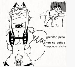 1boy 1boy1futa 1futa 2anthro after_sex anal anal_sex anthro anthro_on_anthro ass balls big_breasts big_butt bikini bodily_fluids breasts canid canine chen_(foxchen) clothing colorless cum cumming dominant dominant_female dominant_futa duo fem_(foxchen) forced fox fox_ears fox_futa fox_tail foxchen futa_on_female futa_on_male futa_penetrating genital_fluids genitals hat headgear headwear heart hearts jewelry latex latex_bikini latex_clothing line_art male male_penetrated mammal masochism necklace no_color peak penetration penis pubes rape satisfaction satisfied sex smile smiley_face spanish spanish_text submissive_male tail text tired veiny_penis white_hair
