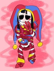 2girls assisted_masturbation blush_lines bottomless chimeracocks female/female female_only gangle_(the_amazing_digital_circus) gangle_possession glitch_productions gooseworx jester_girl jester_outfit lidded_eyes living_mask masturbation mind_control onomatopoeia pomni_(the_amazing_digital_circus) possessed possession ribbons_(anatomy) small_penis the_amazing_digital_circus trans_woman wearing_mask