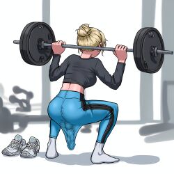 ai_generated blonde_hair blue_pants diamond_7_(ai_generator) erection erection_under_clothes exercise exercise_clothing footwear from_behind futa_only futanari gym hair_bun indoors large_penis legwear long_sleeves pants penis penis_under_clothes see-through see-through_clothes see-through_clothing shirt shoes sneakers socks solo solo_futa squatting testicles tight_clothes tight_clothing tight_pants transparent_clothing unworn_shoes veiny_penis weightlifting white_footwear white_socks yoga_pants