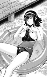 breasts breasts_out censored lying monochrome pool satanophany swimsuit tomoe_aya water yamada_yoshinobu