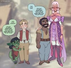 2boys 2girls beard big_ears black_hair breasts bulge clothed clothing dark-skinned_male dark_skin dialogue elf elf_ears elf_female elf_girl english_text fantasy female goblin goblin_female green_skin heart-shaped_pupils height_difference long_ears male male/female not_enough_milk_(artist) original pointy_ears size_difference smug smug_expression smug_face smug_grin smug_smile submissive submissive_female submissive_male text text_bubble thick_eyebrows thick_thighs wide_hips