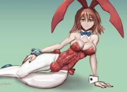 1futa balls balls_in_bodysuit balls_in_bunnysuit breasts bulge bunny_costume bunny_ears cleavage color dickgirl erection_under_clothes flcl front_view full-package_futanari futa_only futanari green_eyes haruko_haruhara highres intersex leaning_on_hand on_side pantyhose penis penis_in_bodysuit penis_in_bunnysuit reclining sketch slim solo_futa streachybear thigh_gap watermark wide_hips