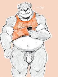 2019 absurd_res anthro artist_request balls belly black_nose bodily_fluids clothing flaccid heart hi_res humanoid_hands lost_out_gi male male_only mammal navel overweight overweight_male penis phone shirt simple_background solo sweat topwear ursid