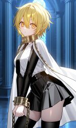 ai_generated black_skirt black_thighhighs blonde_hair blonde_hair_female chains contrapposto cuffs don_quixote_(limbus_company) female floatsboat from_above from_above_view index_don_quixote limbus_company looking_at_viewer project_moon short_hair solo thighhighs white_shirt yellow_eyes