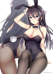 1girls animal_ears arm_up ass bent_over black_hair black_legwear blush bow bowtie breasts bunny_ears bunny_girl bunny_tail bunnysuit cleavage covered_navel detached_collar fake_animal_ears female from_behind hair_ornament hairband hairclip highres kaetzchen large_breasts leotard long_hair looking_at_viewer multiple_views pantyhose purple_eyes sakurajima_mai seishun_buta_yarou_wa_bunny_girl_senpai_no_yume_wo_minai sidelocks simple_background sitting tail watermark white_background wrist_cuffs