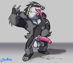 2019 anthro balls bodily_fluids excessive_precum genital_fluids gesture glass0milk male male_only mammal nintendo nude obstagoon penis pokémon_(species) pokemon pokemon_ss precum solo tongue tongue_out video_games