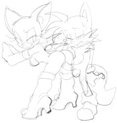 anthro ass balls bat boots female fox fur furry gloves greyscale male mammal nude penis rouge_the_bat sega size_difference smaller_male sonic_(series) straight tails vaginal_penetration watatanza