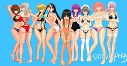 6+girls 9girls amagi_chika american_flag american_flag_bikini bikini black_hair blue_background breasts brown_hair cleavage dojima_maki dojima_seri female female_only first_porn_of_franchise katya_rastorgueva kirishima_karen kuroki_youko looking_at_viewer maid_bikini makimura_kiriko multiple_females multiple_girls official_art onigahara_sayoko pink_hair purple_hair satanophany smile swimsuit text tomoe_aya yamada_yoshinobu