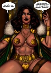 1girls artist_name barely_clothed batman_(series) belt belt_around_thigh big_breasts bracelet breasts breasts_out brown_hair cape choker collar dc dc_comics dialogue english english_text female female_only green_eyes jewelry large_breasts legband lips lipstick metal_pasties navel panties pasties pinup plump_lips razanul red_lipstick red_nails sitting sitting_on_chair solo solo_female speech_bubble spread_legs talia_al_ghul text thick_thighs thights toned toned_female