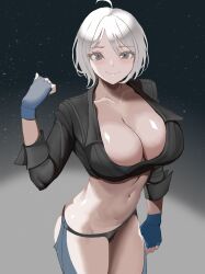 angel_(kof) big_breasts blue_eyes breasts chaps cleavage commentary_request crop_top cropped_jacket female fingerless_gloves gloves highres jacket king_of_fighters large_breasts leather leather_jacket looking_at_viewer midriff navel pale-skinned_female pale_skin panties pants rokuba rokubanana shiny_skin short_hair simple_background smile snk solo standing white_hair