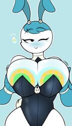 big_breasts blush bodypaint breast_squeeze breasts bunny_ears bunnysuit cleavage easter easter_breasts easter_egg huge_breasts jenny_wakeman leotard my_life_as_a_teenage_robot robot smile smooth_skin xj-9 zetaskully