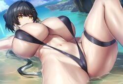 1girls ai_generated big_breasts black_hair brutoaimage earrings female_rover_(wuthering_waves) huge_breasts large_breasts long_hair low_ponytail lying multicolored_hair ponytail rover_(wuthering_waves) sling_bikini slingshot_swimsuit swimsuit thick_thighs wuthering_waves yellow_eyes
