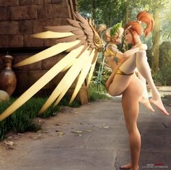 3d alternate_costume artist.jessica blizzard_entertainment blonde_hair blue_eyes brigitte mercy overwatch red_hair size_difference winged_victory_mercy